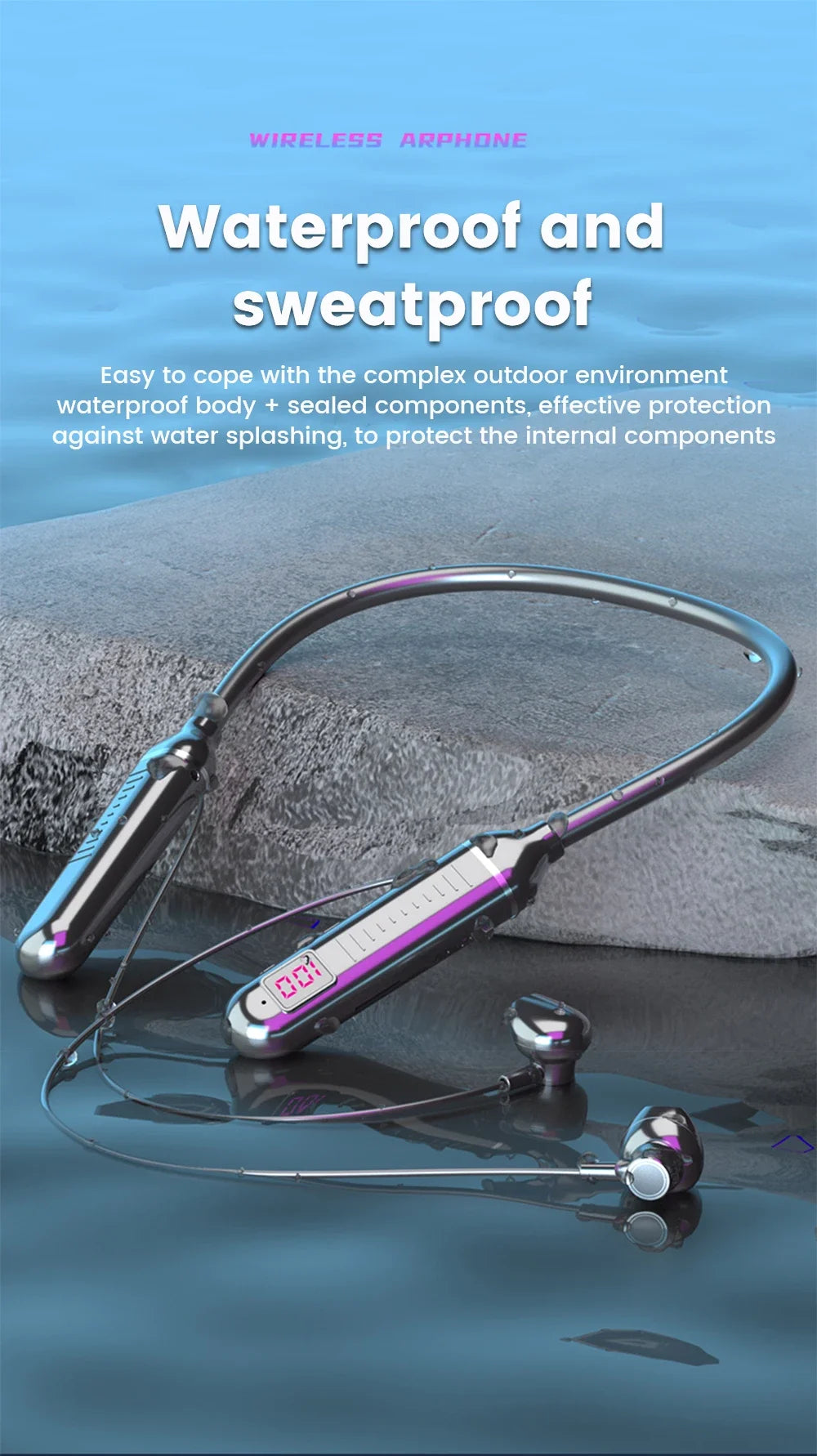 Wireless Neckband Earphones Bluetooth 5.3 LED Waterproof Magnetic