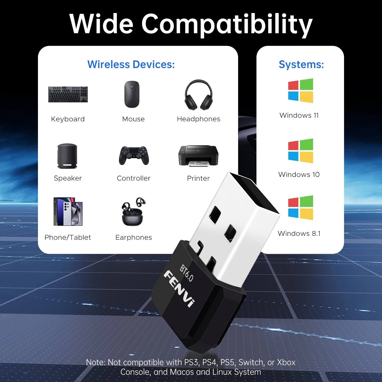 FENVI Bluetooth 6.0 USB Adapter Dongle for PC Windows 11/10