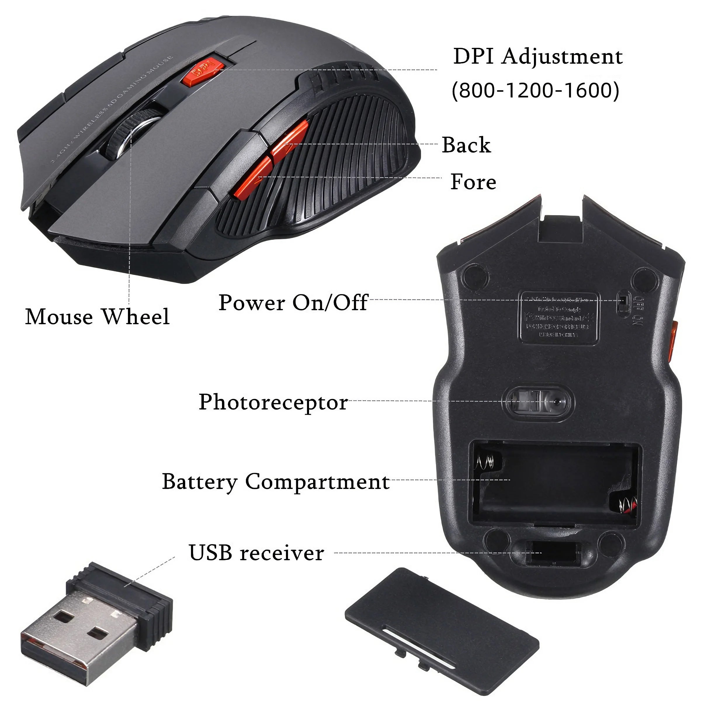 Portable 2.4G Wireless Mouse with USB Receiver 6 Buttons Adjustable DPI Gaming Mouse for PC Laptop Accessories