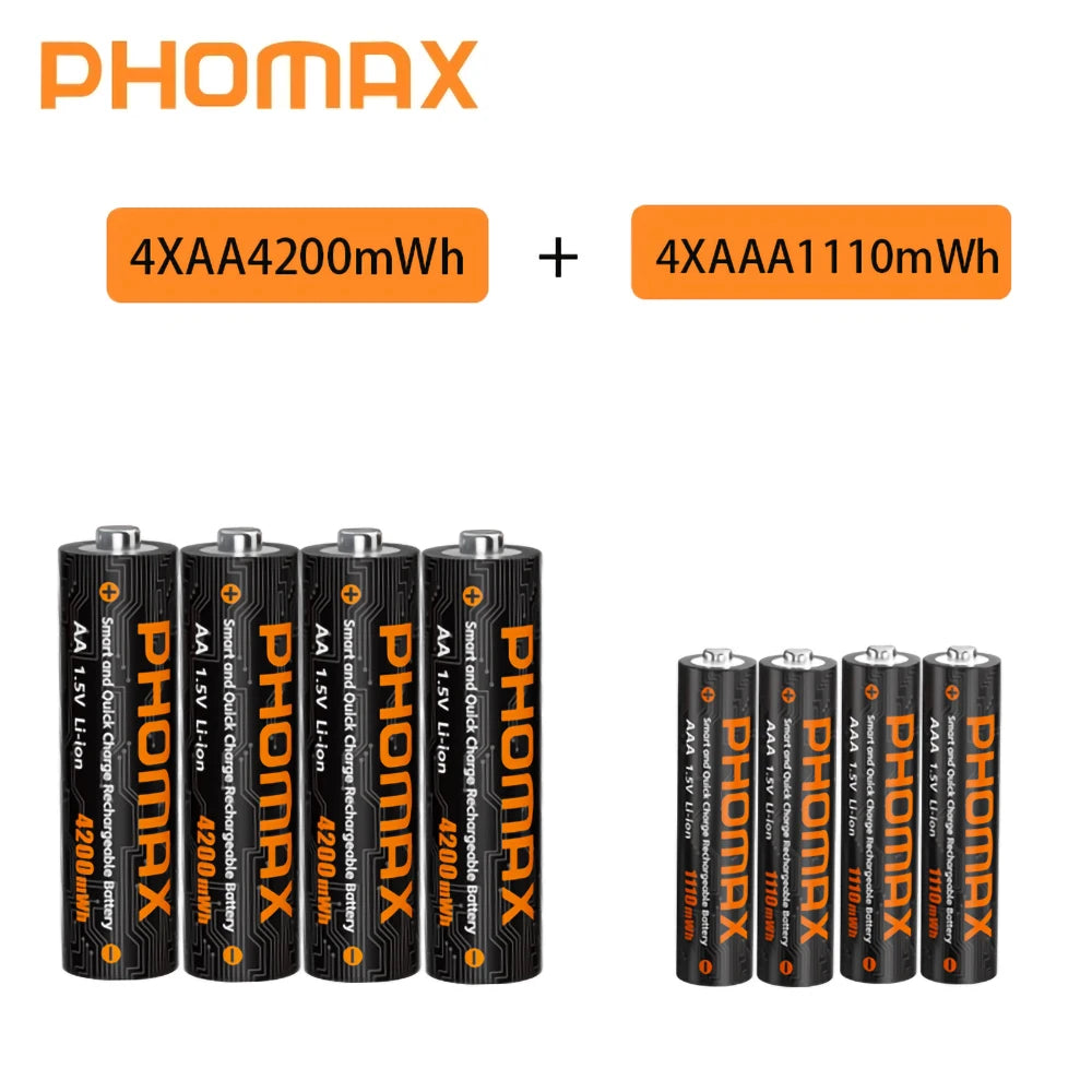 PHOMAX 1.5V Rechargeable Lithium Battery AA & AAA with Charger