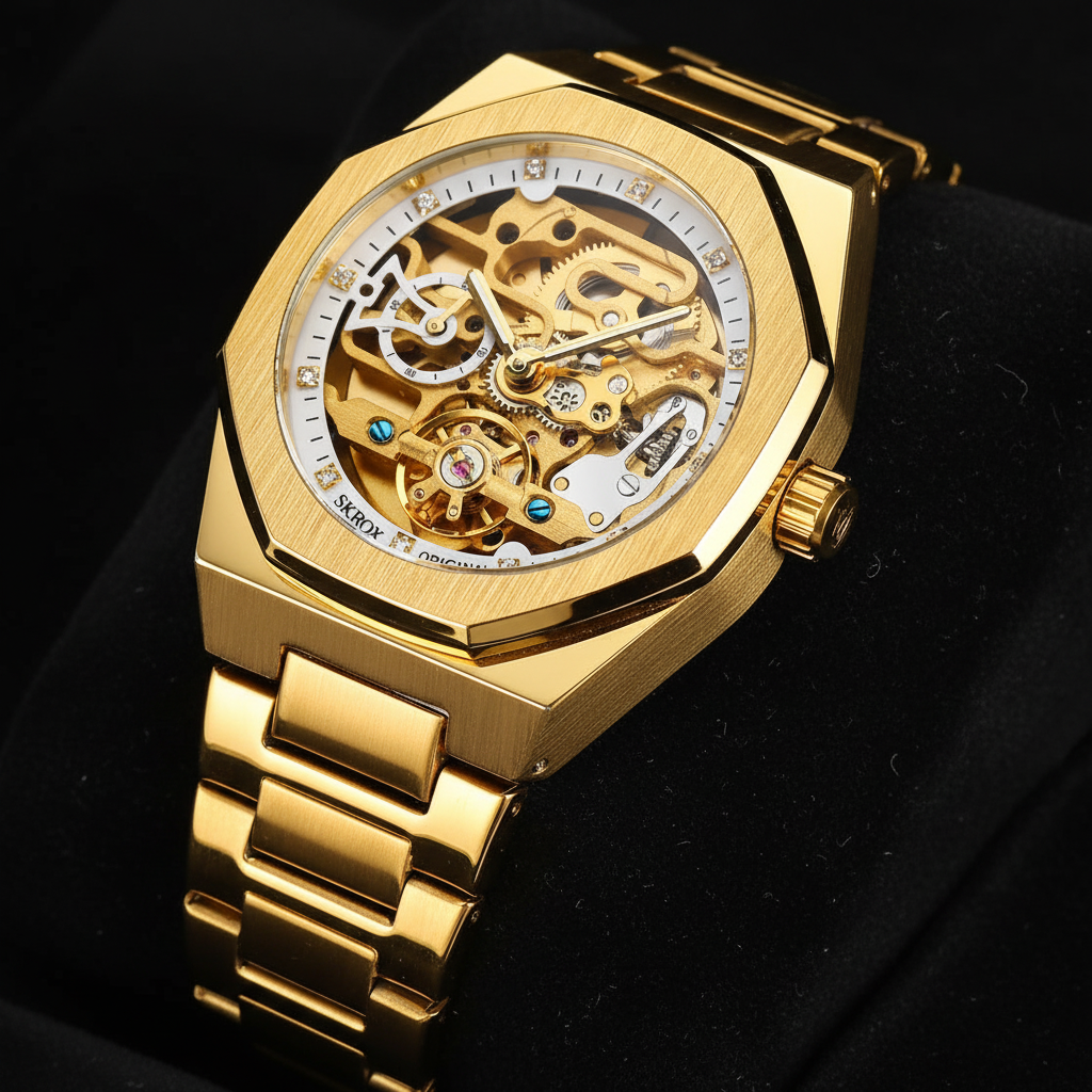 SKROX 1174 Gold Diamond Skeleton Watch